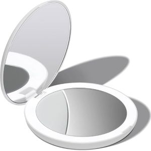 verlichte compacte Make-up Spiegel voor op Reis, 1X/ 10X vergroting – Daglicht LED, Draagbaar, Grote 127mm brede Reisspiegel met Licht, Zijdewit - Lumi (Wit)