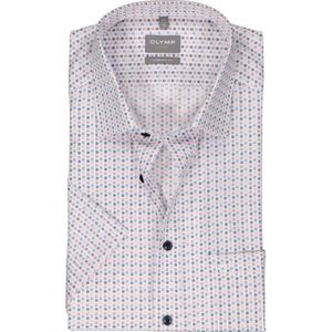 OLYMP comfort fit overhemd - korte mouw - popeline - wit met blauw en roze dessin - Strijkvrij - Boordmaat: 45