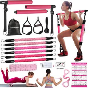 Fitnessbanden, pilatesbalset met 6 weerstandsbanden, 20/30/40 lbs of 10,9 kg, weerstandsbanden, verstelbaar en afneembaar, pilatesstang, handgrepen, deuranker