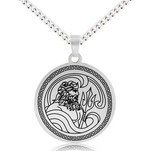 Griekse God Poseidon Ketting - Zilverkleurige Mythologie Talisman - Roestvrij Staal - Pax Amare