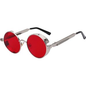 KIMU Ronde Bril Steampunk Vintage - Zilver Montuur Rond - Rode Glazen - Nachtbril Autorijden Wintersport Retro Hippie - Zilveren Zonnebril Uv Festival