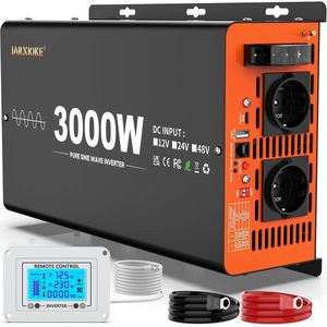 3000 W Omvormer 12 V naar 230 V - Zuivere Sinus Inverter met LCD Afstandsbediening, 2 EU Stopcontacten en USB Type-C Poort