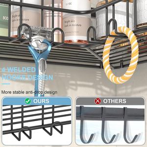 Doucheplank, hoek, 4 stuks, doucheplank, zonder boren, met zeephouder, roestvrij staal, badkamerorganizer met 8 haken, voor badkamer, keuken en woonkamer (zwart)