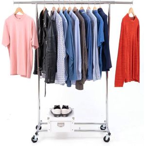 Kledingrek stabiel, op wielen, zware belasting, tot 90 kg, 1 minuut montage, verstelbaar, 91-132 x 45 x 160 cm, verchroomd staal