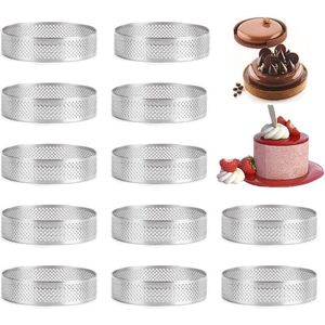 12 stuks taartringen en dessertringen, ronde taartvorm, tartelette vormpjes, geperforeerde mousse ring, ronde patisserie bakring, doe-het-zelf taartbakgereedschap, 6 cm