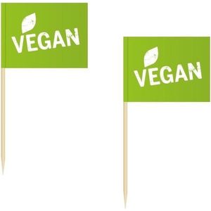 100x Cocktailprikkers Vegan 8 cm vlaggetjes - Houten spiesjes met papieren vlaggetje - Wegwerp prikkertjes