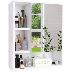 Badkamerkast - spiegelkast - Elegant Bamboe - Medicijnkastje - Wandhangend boven toilet opbergkast met spiegeldeur en verstelbare planken - Wit - Stenberi