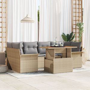 vidaXL - 7-delige - tuinbankset - met - kussens - Beige - Poly - Riet - Acacia