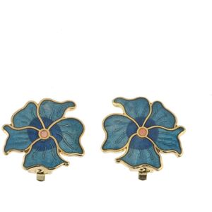 Behave Dames clip oorbel bloem blauw petrolemaille - 2,3 cm doorsnede