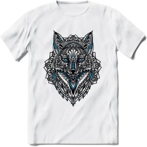 Vos - Dieren Mandala T-Shirt | Blauw | Grappig Verjaardag Zentangle Dierenkop Cadeau Shirt | Dames - Heren - Unisex | Wildlife Tshirt Kleding Kado | - Wit - 3XL