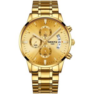 NIBOSI Horloges voor mannen - Horloge mannen – Luxe goud op goud Design - Heren horloge - Ø 42 mm – Goud - Roestvrij Staal - Waterdicht tot 3 bar - Chronograaf - Geschenkset met verstelbare pin