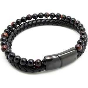 Sorprese armband - Exclusive - armband heren - Zwart Leer en Rode Natuurstenen - 22 cm - zwarte sluiting - cadeau - Model Q