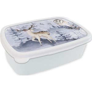 Broodtrommel Wit - Lunchbox - Brooddoos - Winter - Bos - Uil - Hert - 18x12x6 cm - Volwassenen