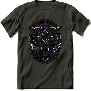 Wolf - Dieren Mandala T-Shirt | Paars | Grappig Verjaardag Zentangle Dierenkop Cadeau Shirt | Dames - Heren - Unisex | Wildlife Tshirt Kleding Kado | - Donker Grijs - L