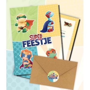 Uitnodiging kinderfeestje + Enveloppen & Sluitstickers - Super Feestje - Voordeelset 20 stuks - Super Feestje Uitnodiging verjaardag - Jongen of meisje - uitnodigingskaarten + kraft envelop - Verjaardag Feest