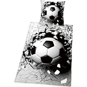 3D Effect Beddengoedset, Voetbal, Kussensloop 70 x 90 cm, Dekbedovertrek 140 x 200 cm, met soepel lopende rits, 100% Katoen/Renforcé, Grijs/Wit