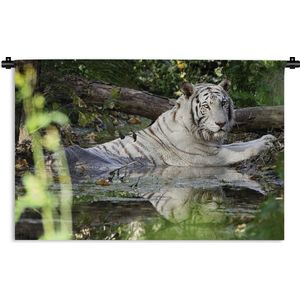 Wandkleed Junglebewoners - Witte tijger in het water Wandkleed katoen 150x100 cm - Wandtapijt met foto
