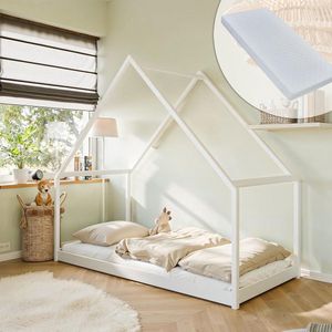Huisbed Kinderbed 90x200 cm Bed met matras & lattenbodem Bed Kinderbed Jeugdbed Eenpersoonsbed Speelbed Huisbed Hemelbed | wit Massief grenenhout Jongen Meisje 200x90 cm