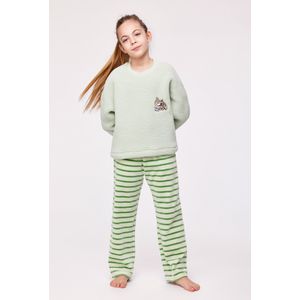 Woody pyjama velours + teddy fleece meisjes/dames - pastelgroen - mammoet - 232-10-WPI-M/704 - maat 128