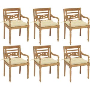 The Living Store Batavia Teakhouten Stoelen - Set van 6 - 55 x 51.5 x 84 cm - Met kussens - Crèmewit