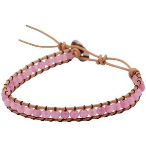 Edelstenen armband Wrap Little Roze Quartz - rozenkwarts - echt leer - roze - zilver - edelstaal