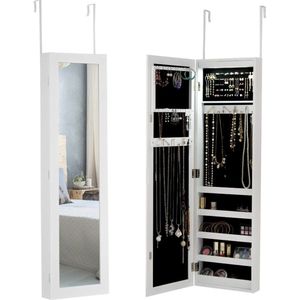 Sieradenkast met spiegel, sieradenplank met ledverlichting, wandkast voor kettingen, oorbellen, hangend, wandmontage, wit