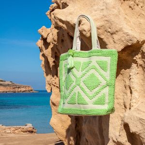 Bohemida Ibiza Bag XL - Mom bag- Boho Soft Pastel Groen- Grote Strandtas / Weekendtas /Schoudertas - Katoen & Wol - Afsluitbaar