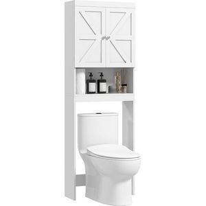 Opbergkast boven het toilet, toiletkast boven het toilet, badkamerkast met 2 deuren en open plank, 58,5 x 23 x 170 cm, van hout, wit