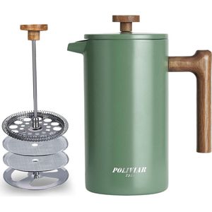 French Press Koffiezetapparaat, 1 liter/8 kopjes, dubbelwandige geïsoleerde koffiepot en theebereider, handfilter, koffiepers met plunger en handvat van hout, Flatland (groen)