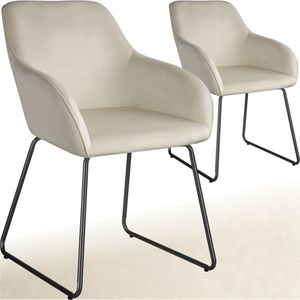 tectake® - Eetkamerstoel Jeane - Set van 2 Eetkamerstoelen - Met doorlopende rugleuning en armleuning - Kuipstoelen met fluwelen bekleding - Stijlvolle keukenstoelen voor eetkamer of woonkamer - Slipvrije en vloerbeschermende voetjes - Crème/zwart