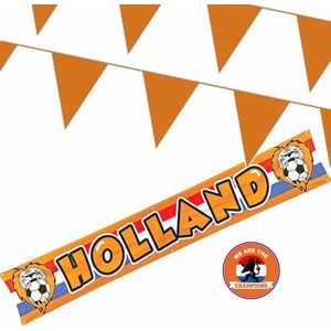 EK oranje straat/ huis versiering pakket met oa 1x Holland banner 370x60 en 100m oranje vlaggenlijnen - Oranje versiering buiten
