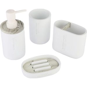 Badkamerset 4 Delig - Toilet accessoires Set - Kunsstof - Zeeppompje - Tandenborstelhouder - Zeepschaal - Beker - Wit