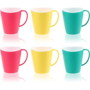 6x koffiebekers met handvat - herbruikbare plastic drinkbekers - plastic bekers in felle kleuren - onbreekbare theepot (06 stuks - 350ml - Groen/Geel/Roze)