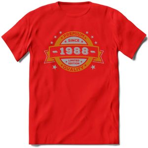 Premium Since 1988 T-Shirt | Zilver - Goud | Grappig Verjaardag en Feest Cadeau Shirt | Dames - Heren - Unisex | Tshirt Kleding Kado | - Rood - M