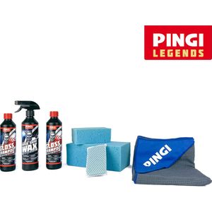 Pingi Car Care Schoonmaakset Gold, XXL Droogdoek, Mega Sponsset, 2 x Autoshampoo en Quick Shine Wax - Poetspakket - Voordeelset