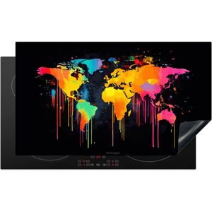 KitchenYeah® Inductie beschermer 90x52 cm - Wereldkaart - Kleurrijk - Neon - Verf - Graffiti - Kookplaataccessoires - Afdekplaat voor kookplaat - Inductiebeschermer - Inductiemat - Inductieplaat mat - Keuken decoratie