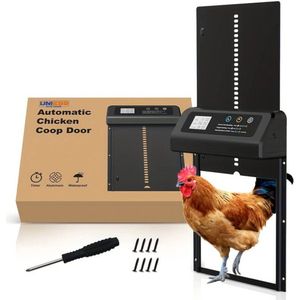 UniEgg® Premium Metalen Kippenluik Automatisch 3.0 op batterij - Professioneel extra stevig en betrouwbaar 3e generatie - Automatische Kippendeur - Chickenguard - Timerfunctie - Zwart - Geschikt voor honden, katten, knaagdieren en kippen | Waterdicht