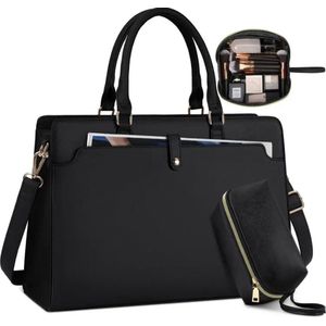 2 delig set laptoptas 15.6 inch + make-up tasje, aktetas voor dames met afneembare schouderriem, ritssluiting - 42L x 14 B x 31 H - schoudertas, schooltas, handtas grote capaciteit/veel vakken Pu-leer hoge kwaliteit - vakken voor laptop/ipad (zwart)