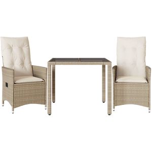 vidaXL 3-delige Bistroset met kussens poly rattan beige - Bistroset - Bistrosets - Loungeset - Tuinset