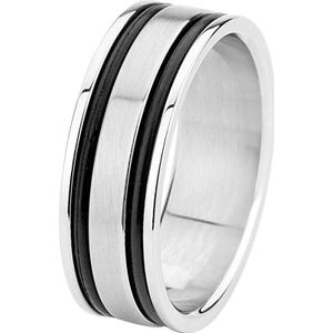 Lucardi Heren Ring met zwarte accenten - Ring - Cadeau - Staal - Zilverkleurig