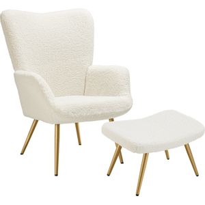 tectake® Oorfauteuil gestoffeerd - Scandinavische stijl, teddystoel, woonkamer, slaapkamer, lounge stoel, draagvermogen tot 150 kg - met hocker - div uitvoeringen - Bouclé - creme/goud