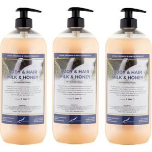 Body & Hair Milk & Honey 1 liter - set van 3 stuks - met gratis pomp - 2 in 1 voor lichaam en haar.