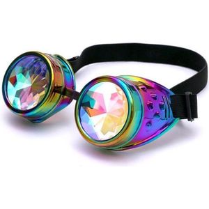 KIMU Goggles Steampunk Bril - Oliekleurige Montuur - Caleidoscoop Glazen - Olie Regenboog Spacebril Burning Man Rave Space Kaleidoscope Fairy Festival