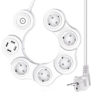 StayPowered 9-in-1 Stekkerdoos - Veilig en Efficiënt Opladen - 5 Stopcontacten - 4 USB-Poorten - Overspanningsbeveiliging - Snellaadfunctie - 3680 W Vermogen - 16 A Schakelaar - Compact en Roterend Design - Zwart - Levering Sneller dan Aangegeven!