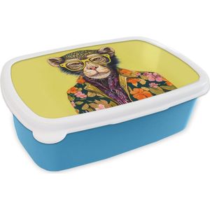 Broodtrommel Blauw - Lunchbox - Brooddoos - Aap - Dieren - Bril - Design - Bloemen - 18x12x6 cm - Kinderen - Jongen