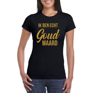 Ik ben echt goud waard fun tekst t-shirt / kleding met gouden glitters op zwart voor dames - foute fun tekst shirt / festival outfit XS