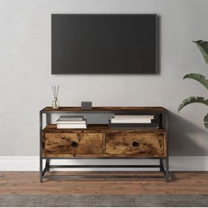 The Living Store TV-meubel - Gerookt eiken - 80 x 35 x 45 cm - Duurzaam - 2 lades - Metalen voeten