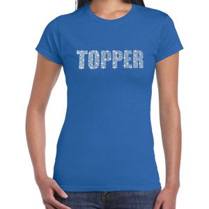 Glitter Topper t-shirt blauw met steentjes/ rhinestones voor dames - Glitter kleding/ foute party outfit S