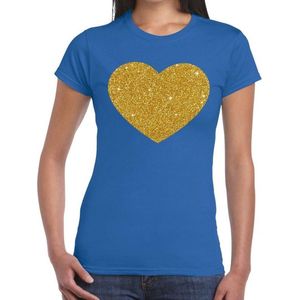 Gouden hart glitter t-shirt blauw dames - dames shirt Gouden hart XXL