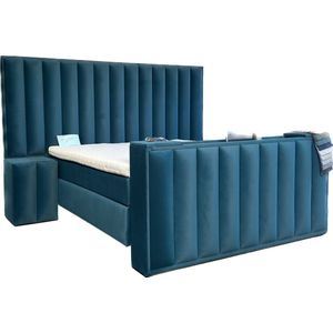 BedNL – Boxspring - luxe Veluwe met voetbord tv lift systeem – 140x220 - Compleet Velvet Blauw kleur
